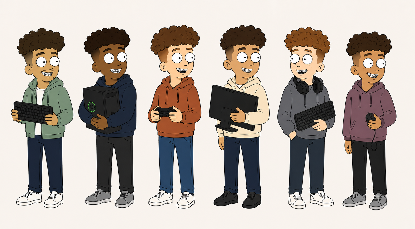 Teenagers with curly hair, keyboards and gaming hardware